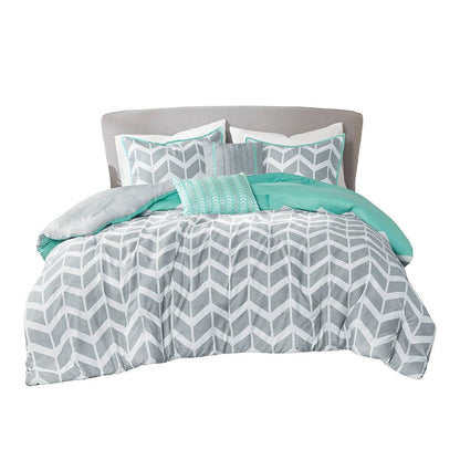 Juego de edredón reversible para cama doble/Queen con patrón de chevron en gris, blanco, aguamarina y verde azulado