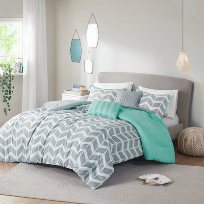 Juego de edredón reversible para cama doble/Queen con patrón de chevron en gris, blanco, aguamarina y verde azulado