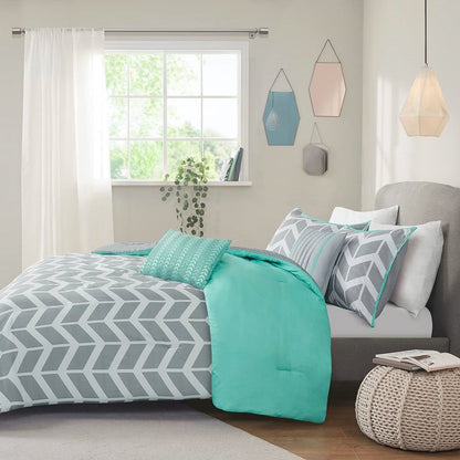 Juego de edredón reversible para cama doble/Queen con patrón de chevron en gris, blanco, aguamarina y verde azulado