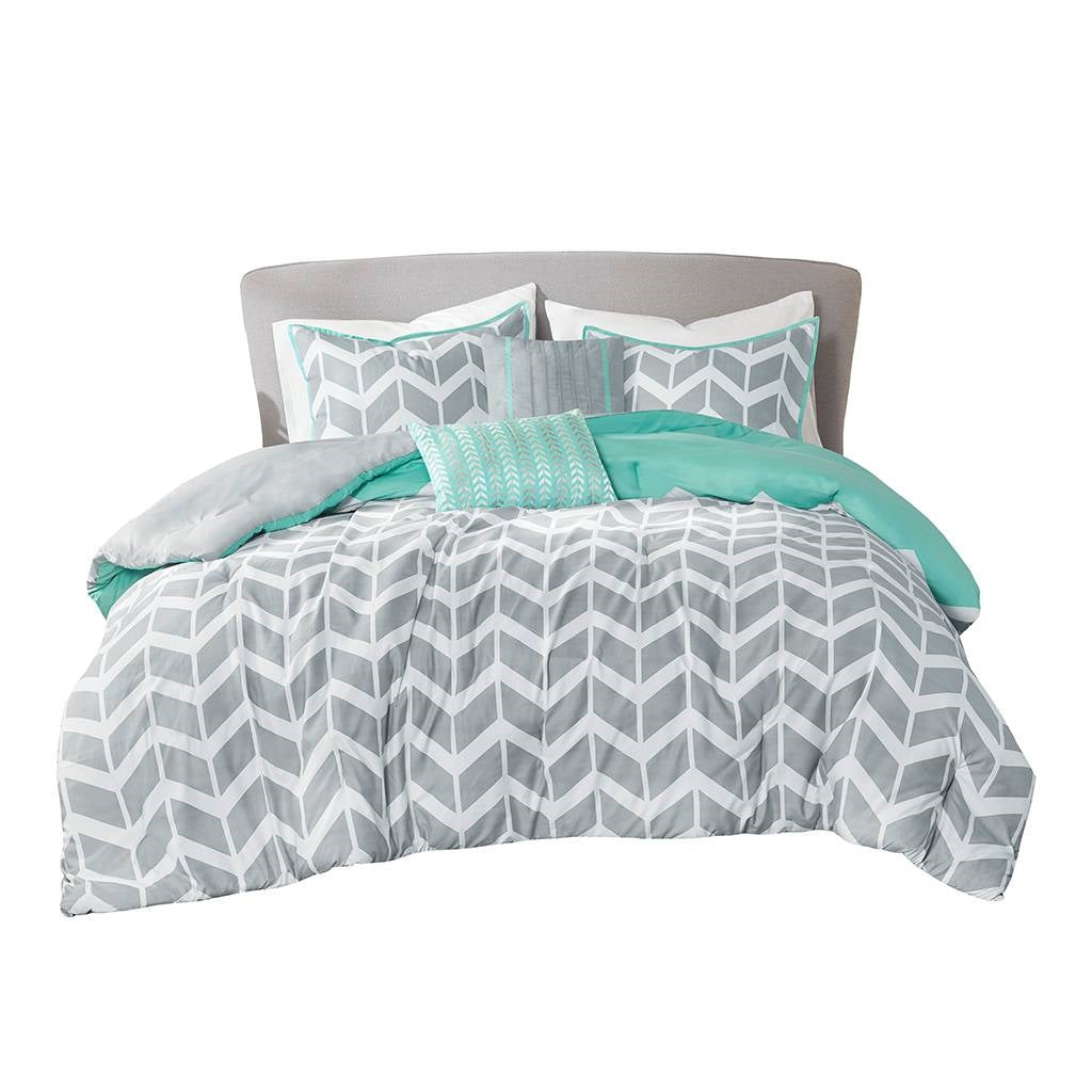 Juego de edredón reversible individual/individual XL con diseño de espiga en gris, blanco, aguamarina y verde azulado