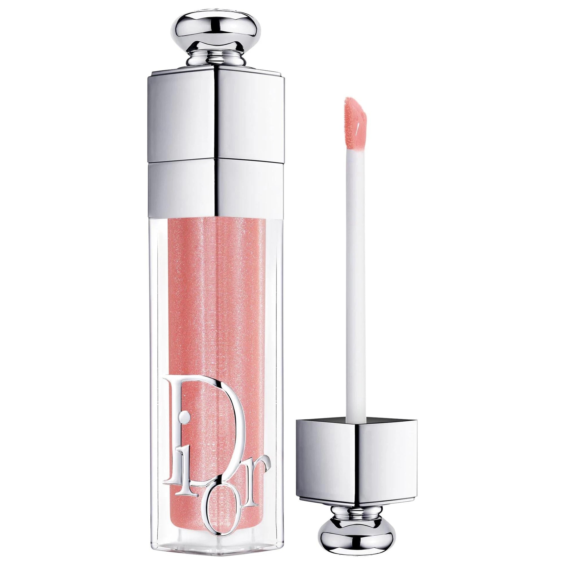 Dior Addict lip gloss in pink shimmer with silver cap and wand applicator on white background on Tampa Home & Garden Store
