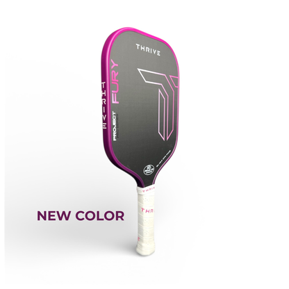 Thrive Fury Elongated 15.5mm Gen3.5 Power Series pickleball paddle gray face pink edge white grip on Tampa Home & Garden Store