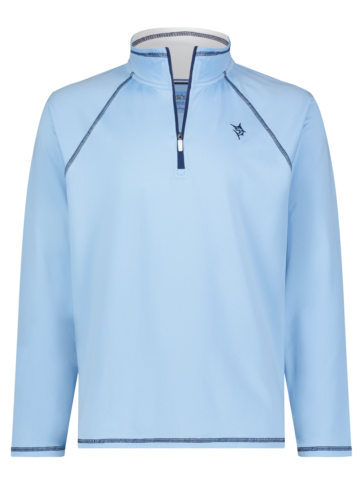 Harbor Quarter Zip by White Water Life in light blue with navy piping chest logo front zipper on Tampa Home & Garden Store