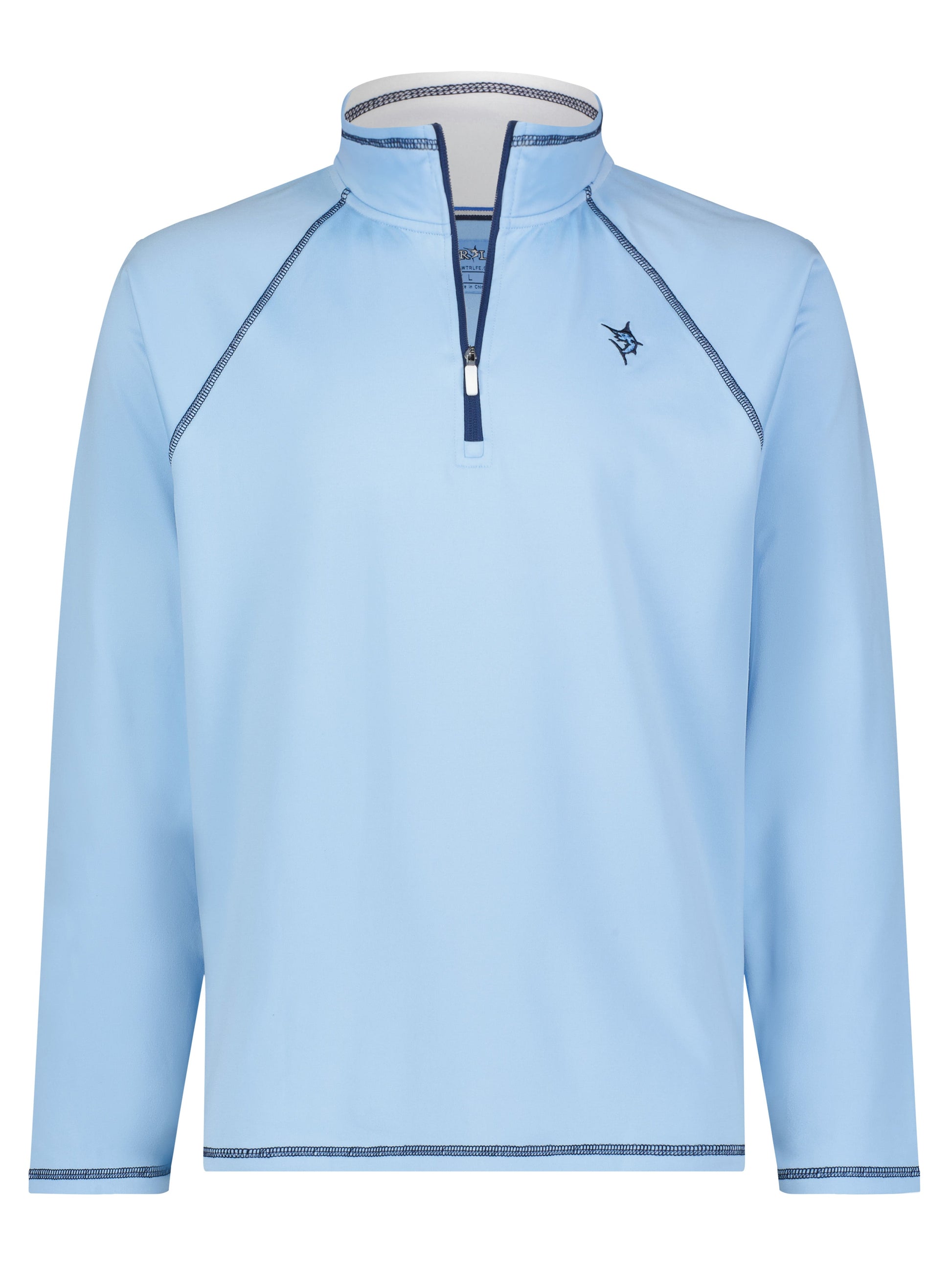 Harbor Quarter Zip by White Water Life in light blue with navy piping chest logo front zipper on Tampa Home & Garden Store