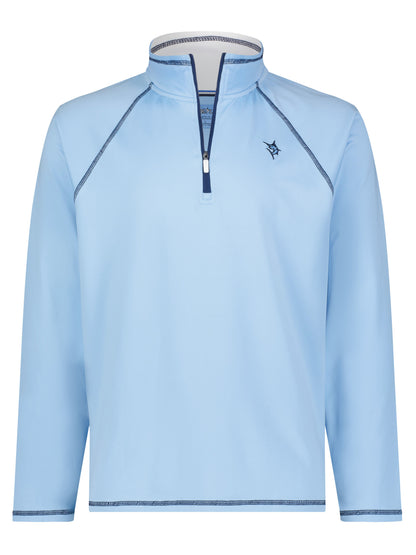 Harbor Quarter Zip by White Water Life in light blue with navy piping chest logo front zipper on Tampa Home & Garden Store