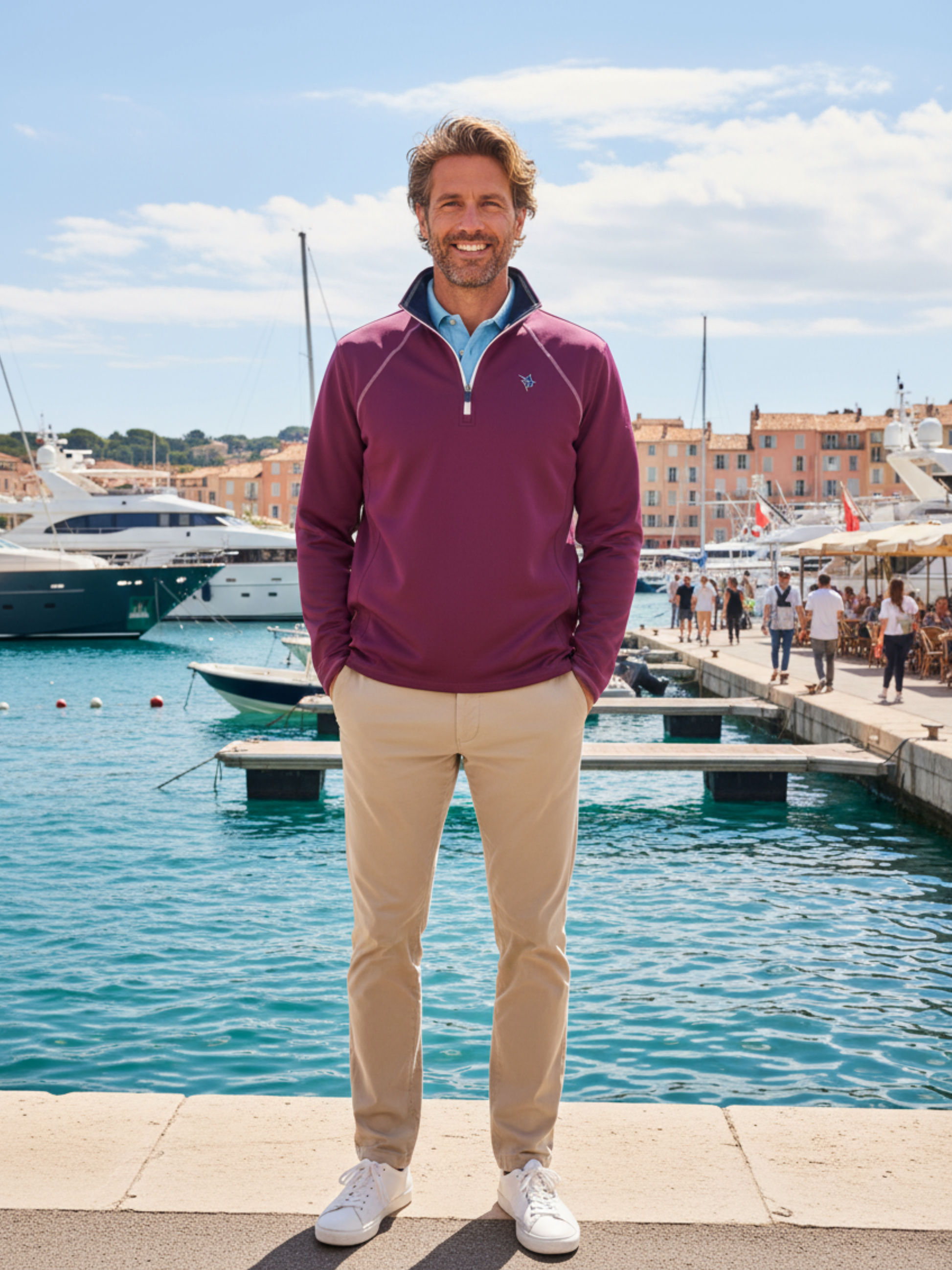 New Harbor Quarter Zip Effortless Comfort maroon pullover with logo by White Water Life on Tampa Home & Garden Store