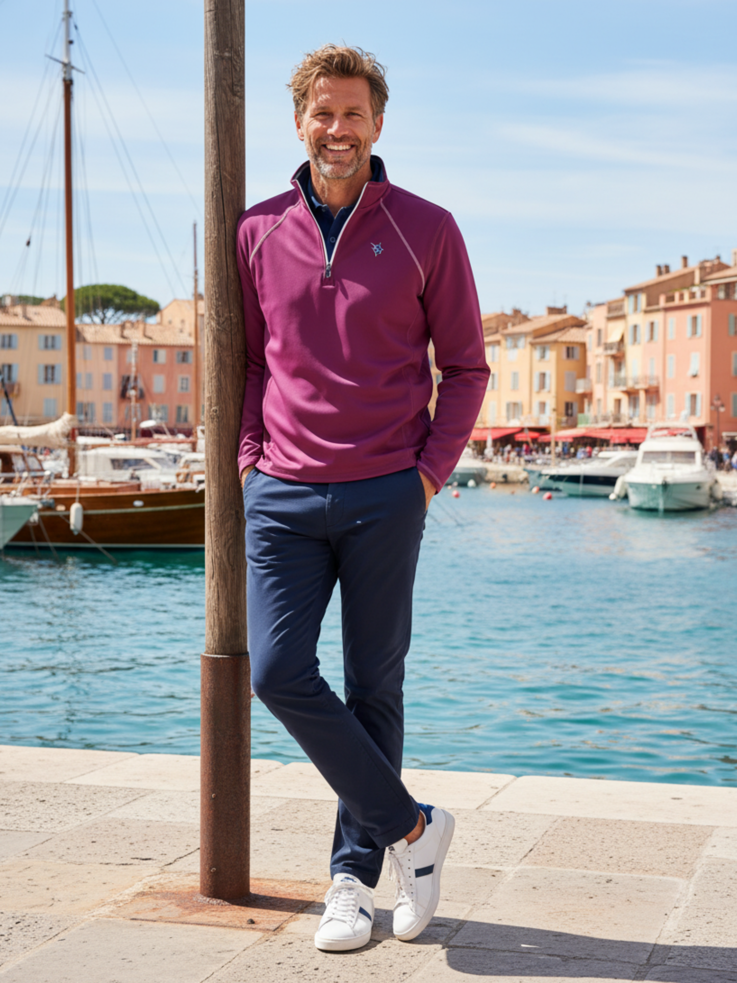 Harbor Quarter Zip Effortless Comfort by White Water Life in magenta with white piping, men's top on Tampa Home & Garden Store