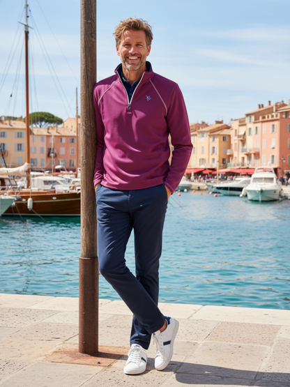 Harbor Quarter Zip Effortless Comfort by White Water Life in magenta with white piping, men's top on Tampa Home & Garden Store