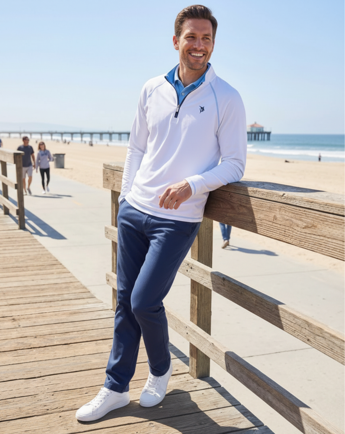 New Harbor Quarter Zip Effortless Comfort white pullover with blue trim by White Water Life on Tampa Home & Garden Store