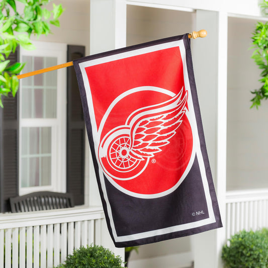 Detroit Red Wings burlap house flag on a wooden flagpole with red and white logo accents on Tampa Home & Garden Store