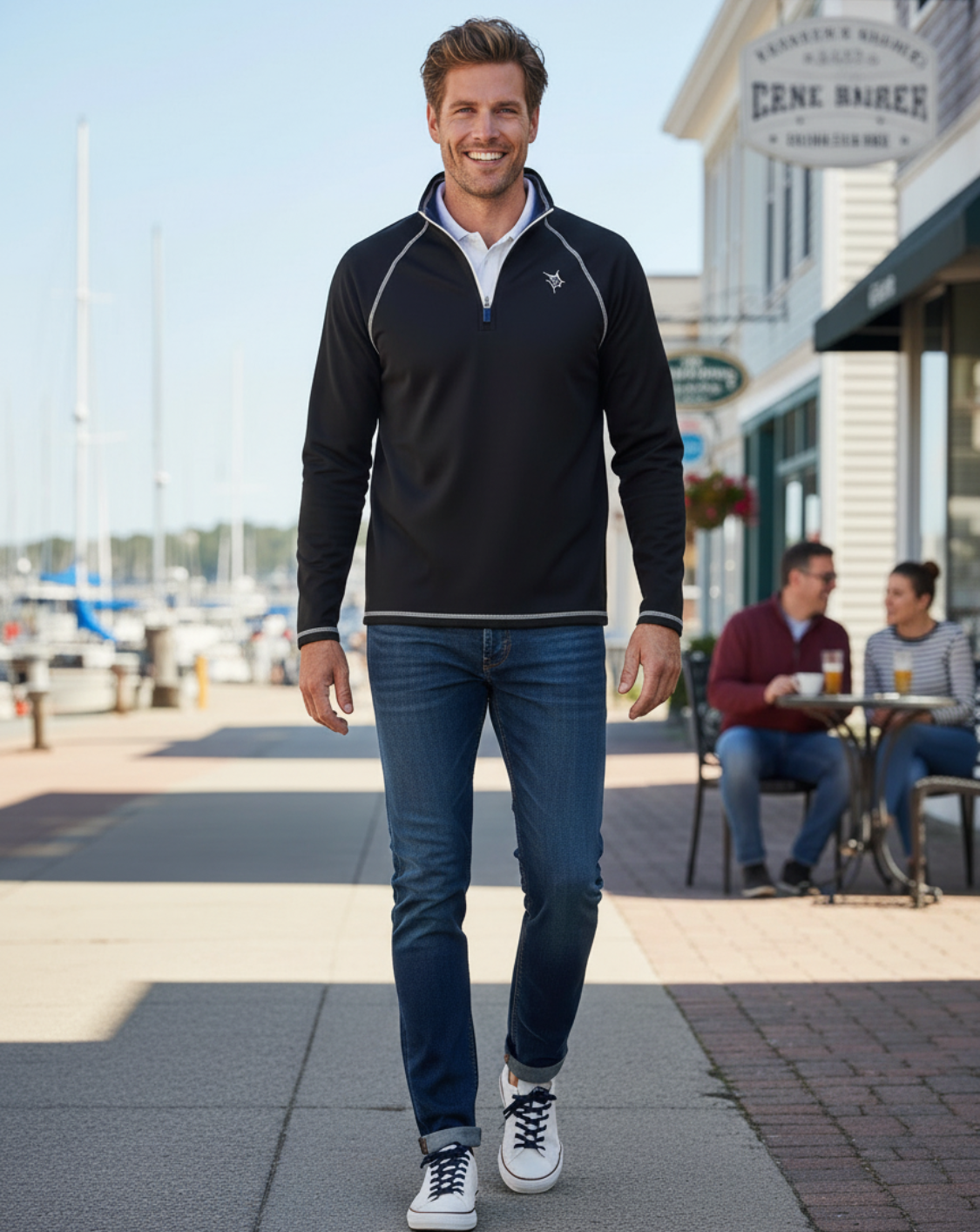 New Harbor Quarter Zip by White Water Life in black with white piping on Tampa Home & Garden Store