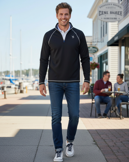 New Harbor Quarter Zip by White Water Life in black with white piping on Tampa Home & Garden Store