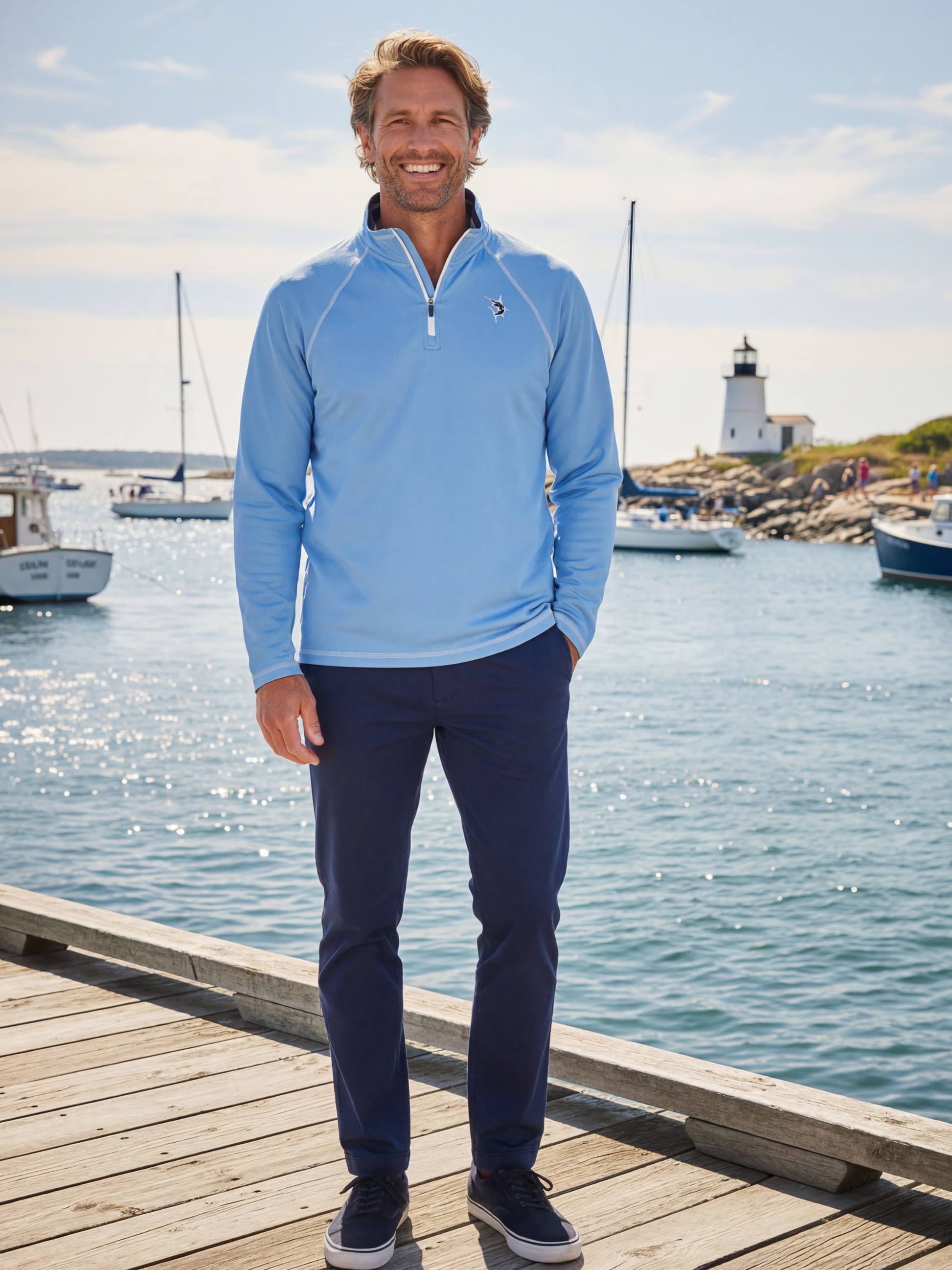 New Harbor Quarter Zip by White Water Life in light blue with white zip logo on chest by harbor on Tampa Home & Garden Store