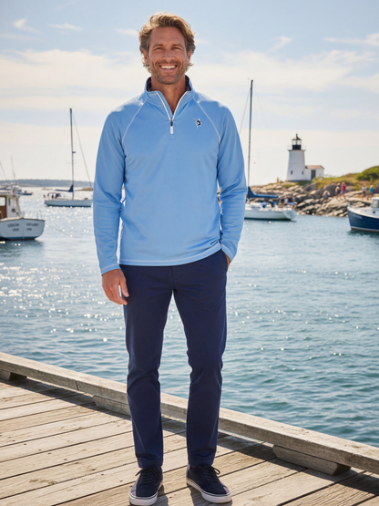New Harbor Quarter Zip by White Water Life in light blue with white zip logo on chest by harbor on Tampa Home & Garden Store