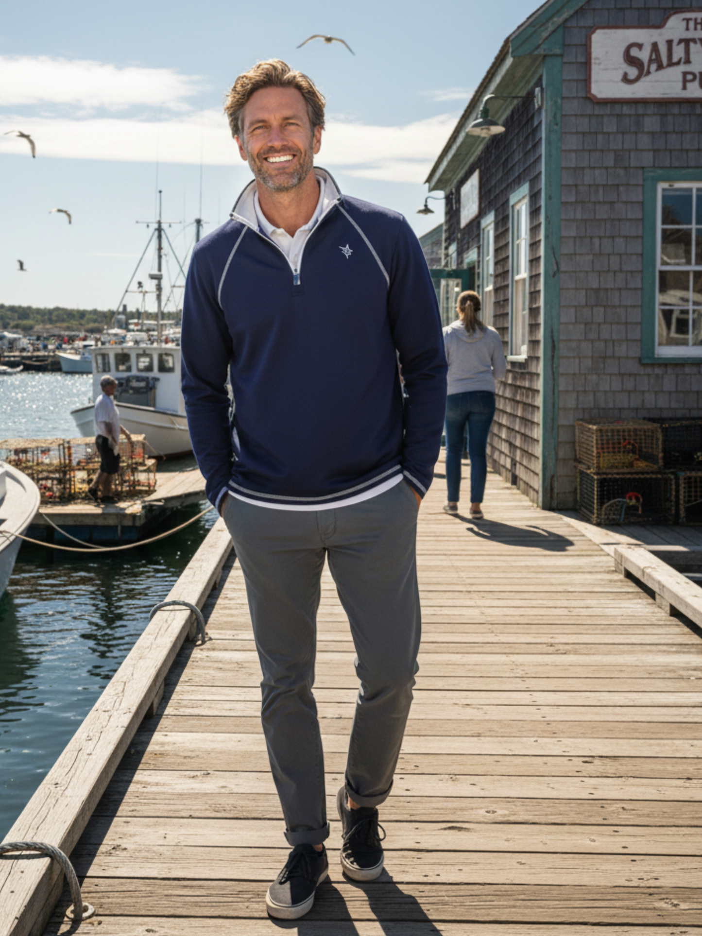 New Harbor Quarter Zip by White Water Life, navy pullover with white piping at harbor dock on Tampa Home & Garden Store