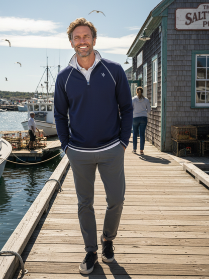 New Harbor Quarter Zip by White Water Life, navy pullover with white piping at harbor dock on Tampa Home & Garden Store