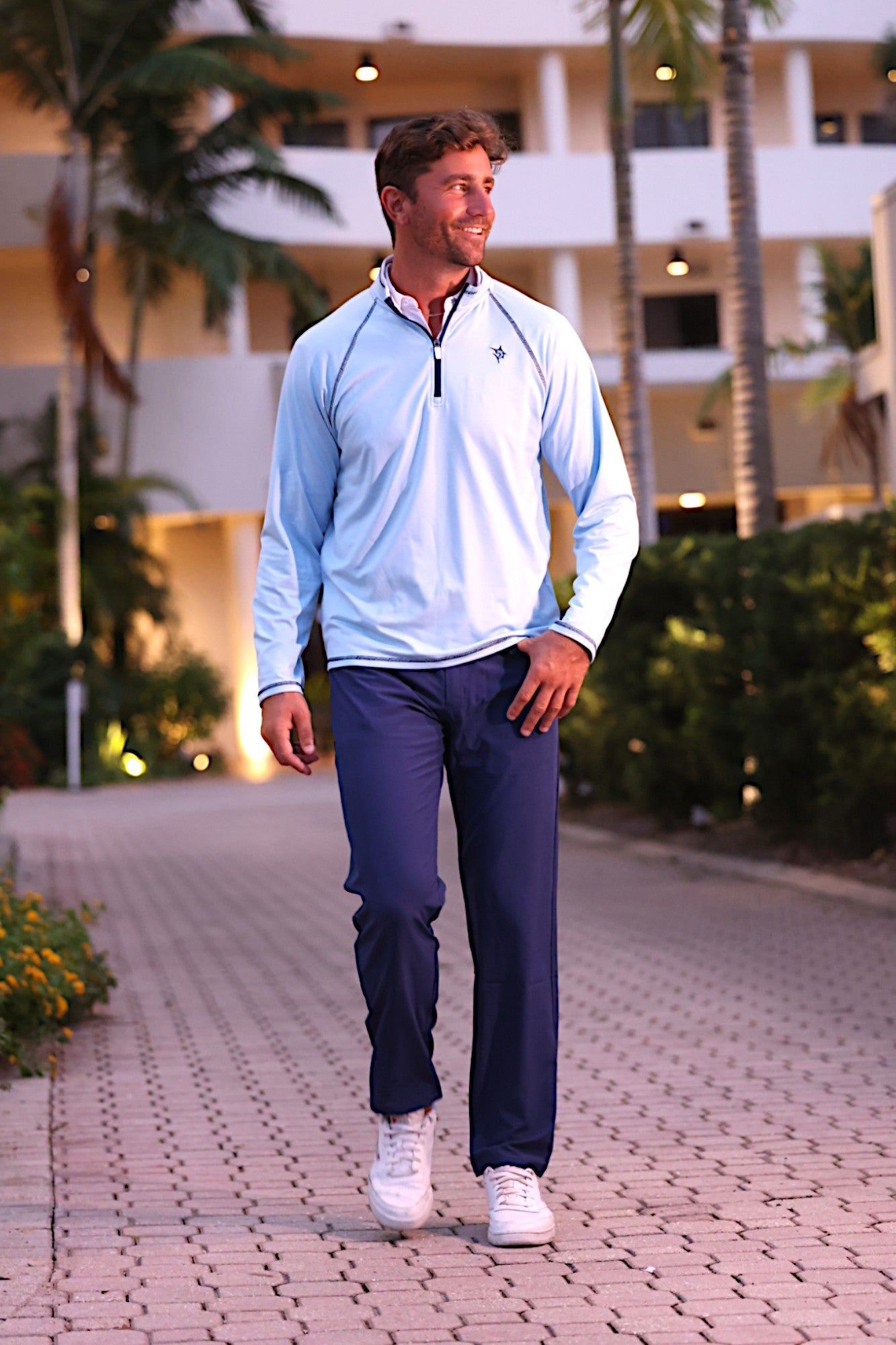 New Harbor Quarter Zip by White Water Life, light blue long-sleeve top with 1/4 zip and chest logo on Tampa Home & Garden Store