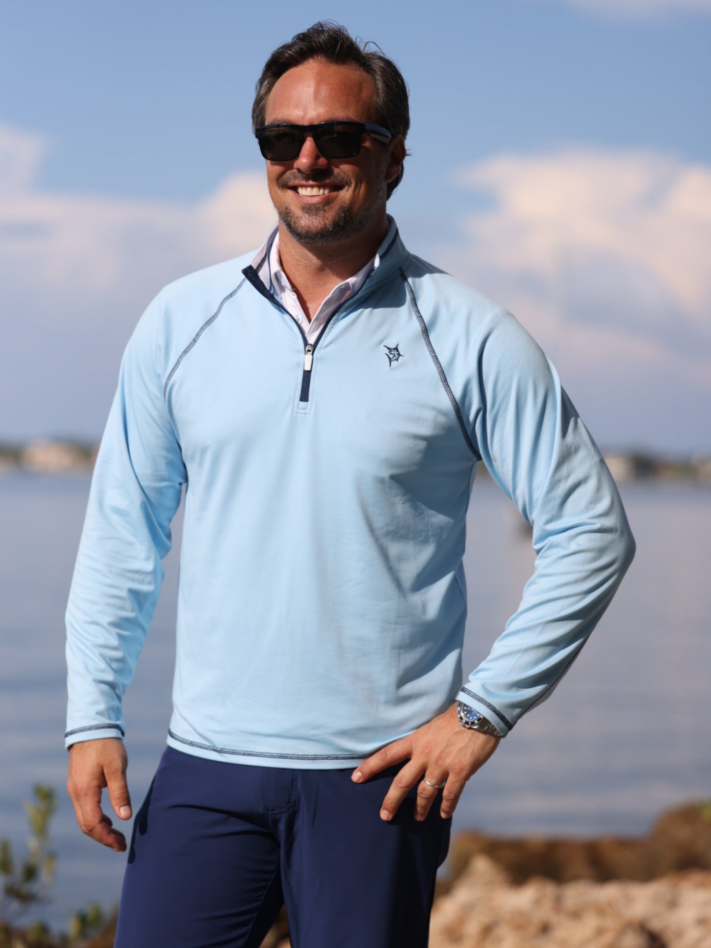 New Harbor Quarter Zip Effortless Comfort light blue White Water Life logo on Tampa Home & Garden Store