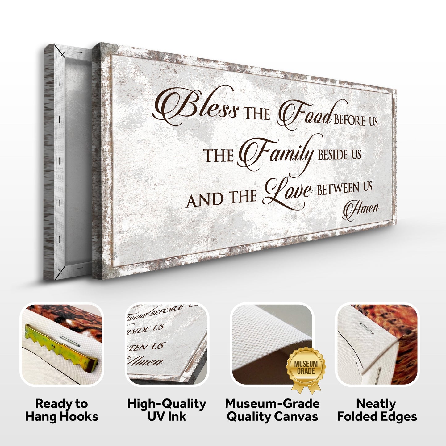 Bless Our Food, Family, And Love sign canvas by Tailored Canvases; rustic distressed texture on Tampa Home & Garden Store