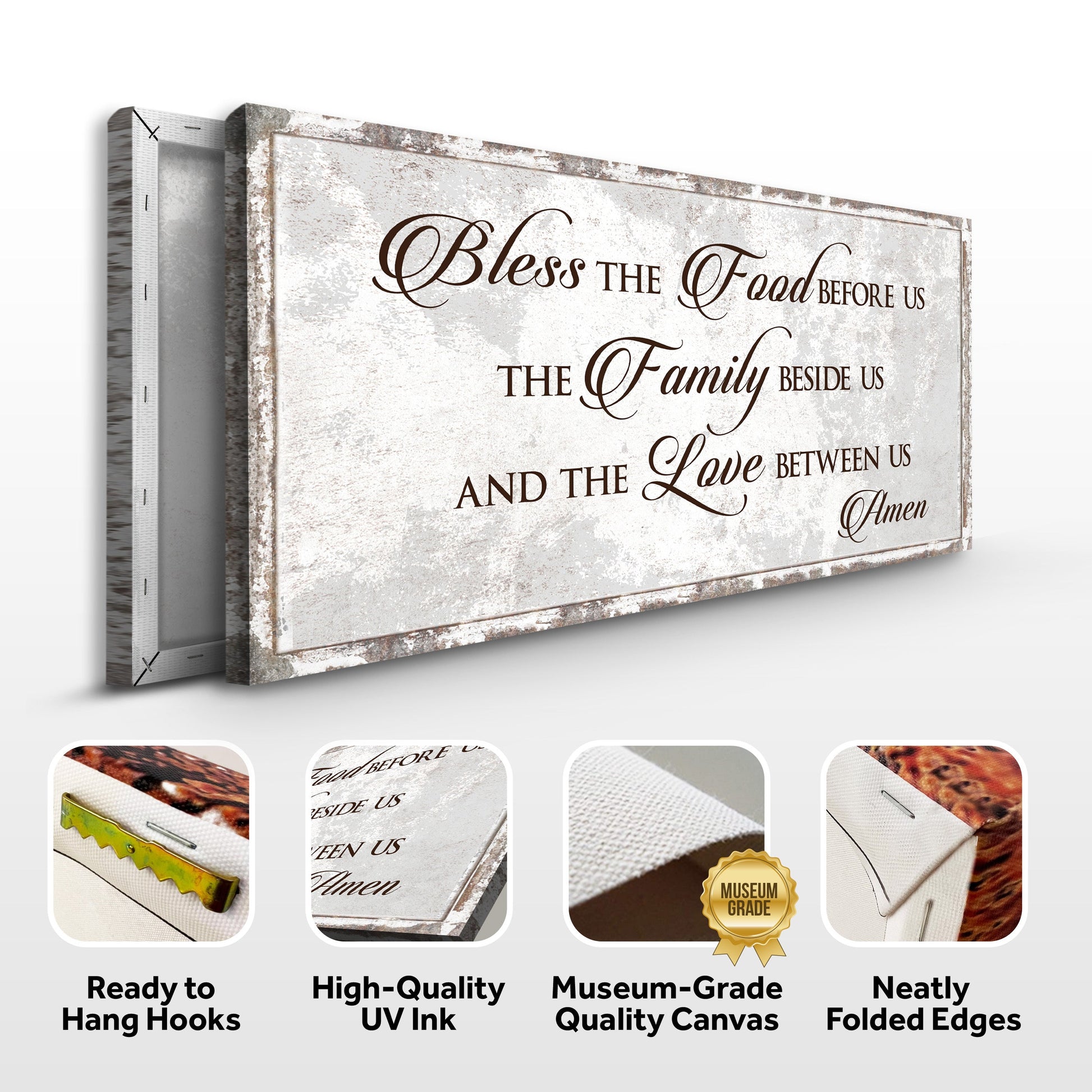 Bless Our Food, Family, And Love sign canvas by Tailored Canvases; rustic distressed texture on Tampa Home & Garden Store
