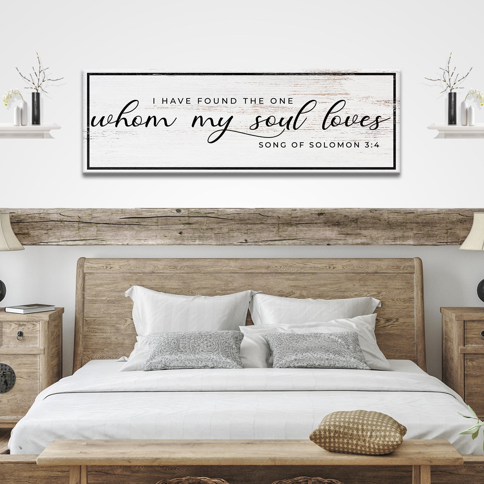 Canvas wall art with distressed white planks and scripted quote Song of Solomon 3:4 on Tampa Home & Garden Store
