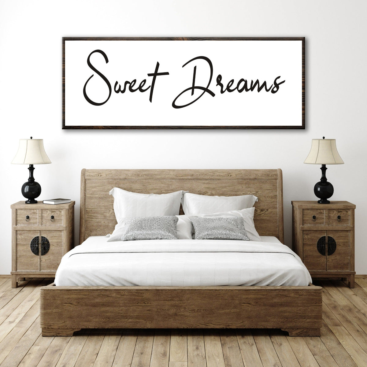 Sweet Dreams Sign II canvas wall art by Tailored Canvases, white panel with dark wood frame on Tampa Home & Garden Store