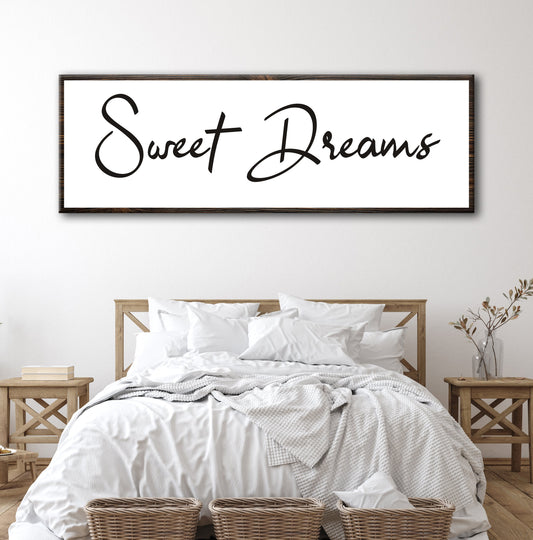 Sweet Dreams II canvas by Tailored Canvases with white background and black script in wood frame on Tampa Home & Garden Store