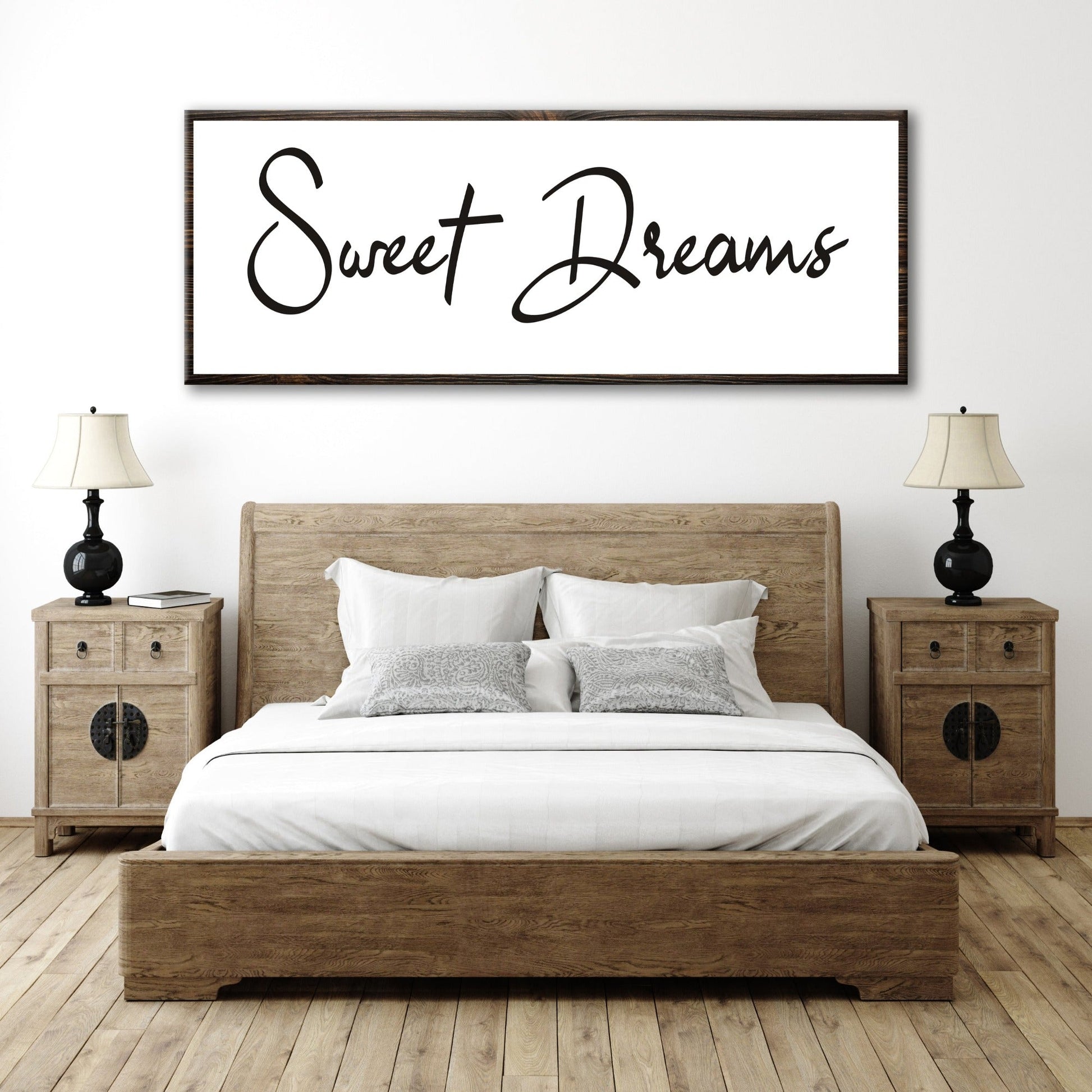 Sweet Dreams Sign V canvas Tailored Canvases white background and black script in a wood frame on Tampa Home & Garden Store