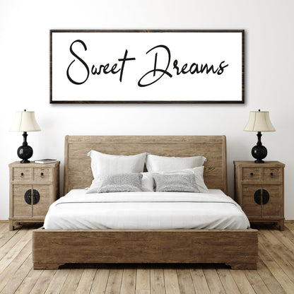 Sweet Dreams Sign V canvas Tailored Canvases white background and black script in a wood frame on Tampa Home & Garden Store