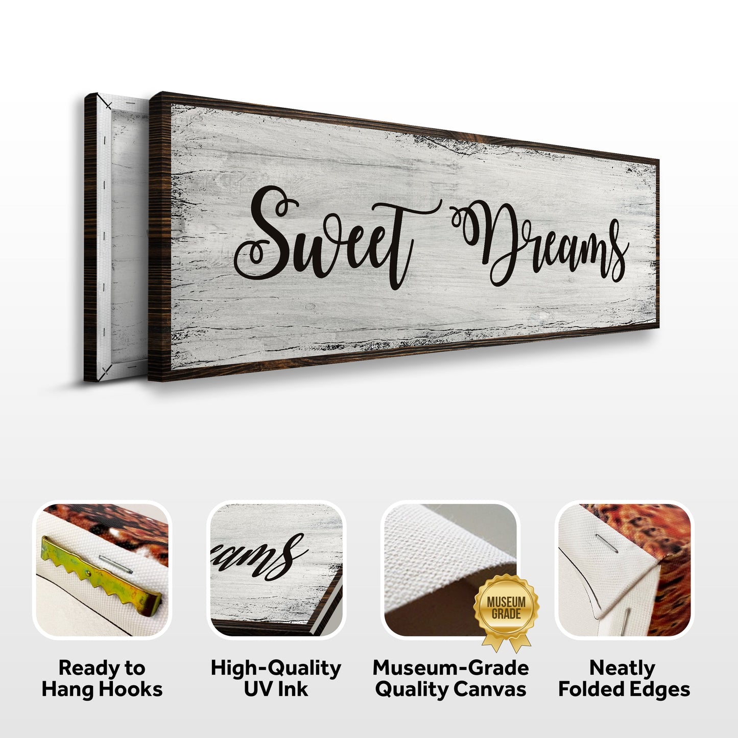 Sweet Dreams Sign VI canvas by Tailored Canvases on rustic whitewashed wood with dark frame on Tampa Home & Garden Store