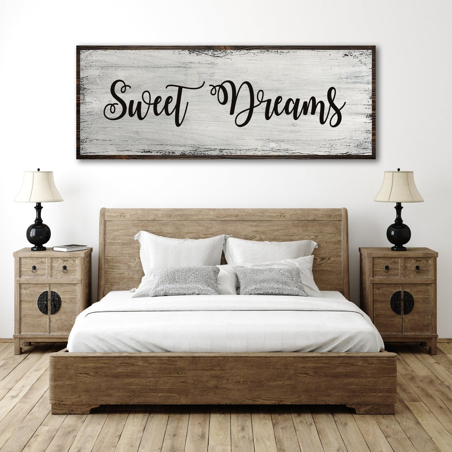 Sweet Dreams Sign VI canvas by Tailored Canvases, distressed whitewashed panel with dark frame on Tampa Home & Garden Store