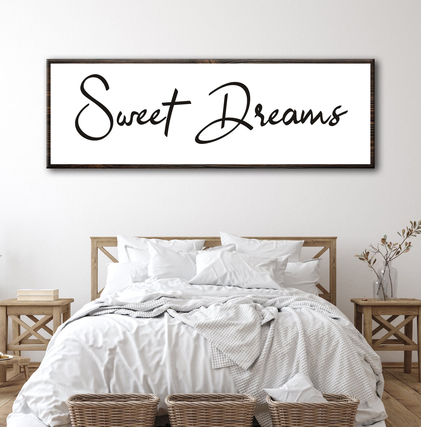 Sweet Dreams Sign V canvas wall art by Tailored Canvases, black script on white wood frame on Tampa Home & Garden Store