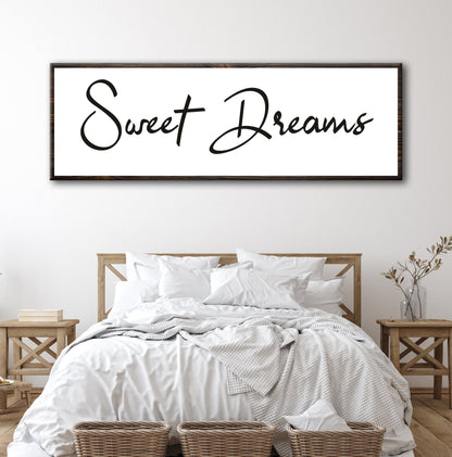 Sweet Dreams Sign V canvas wall art by Tailored Canvases, black script on white wood frame on Tampa Home & Garden Store