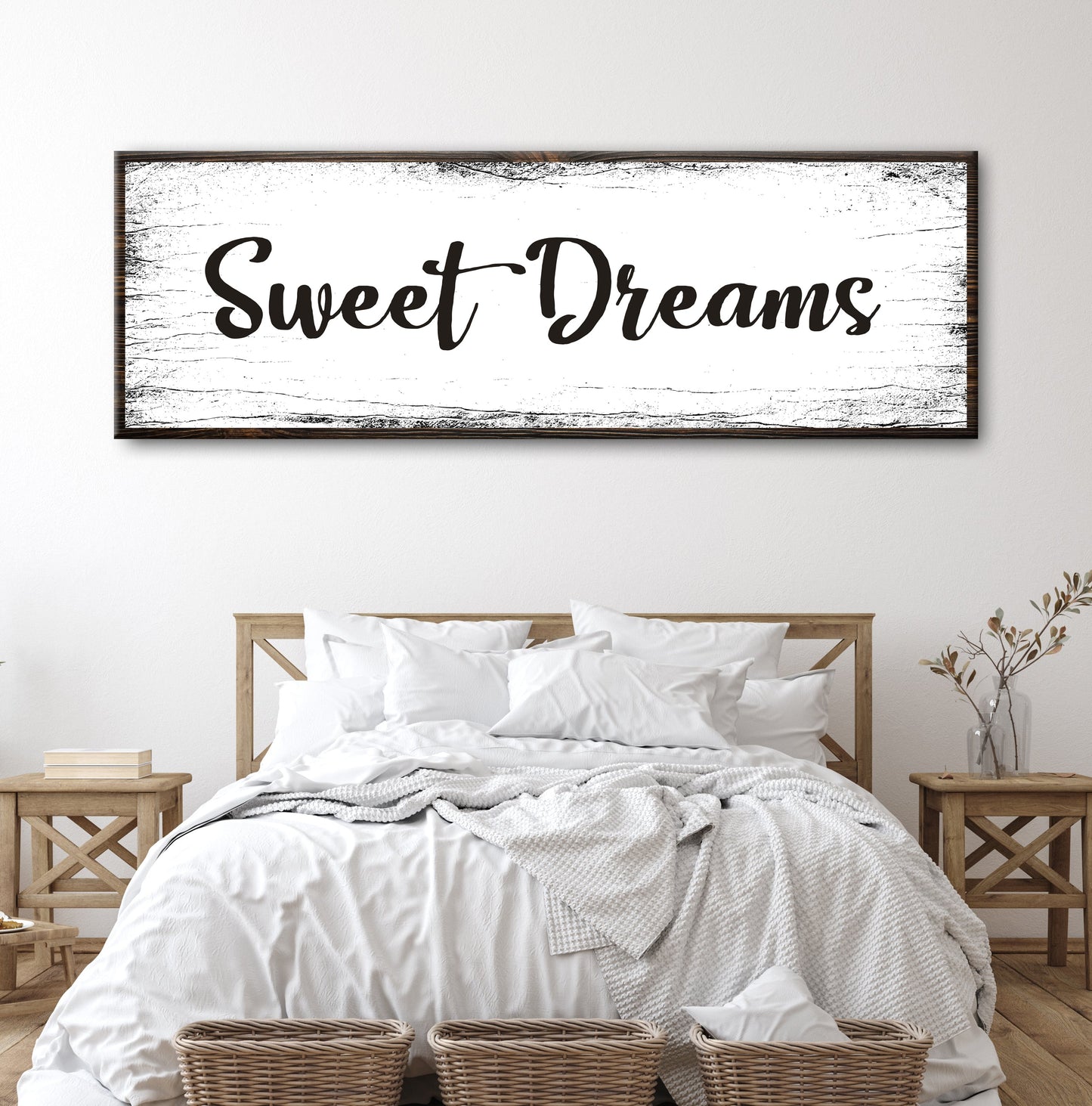 Sweet Dreams II canvas wall art by Tailored Canvases; distressed white background, black script on Tampa Home & Garden Store