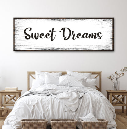 Sweet Dreams II canvas wall art by Tailored Canvases; distressed white background, black script on Tampa Home & Garden Store