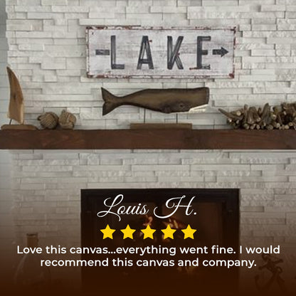 Rustic Lake Arrow Sign canvas Tailored Canvases, distressed white wood look with black lettering on Tampa Home & Garden Store
