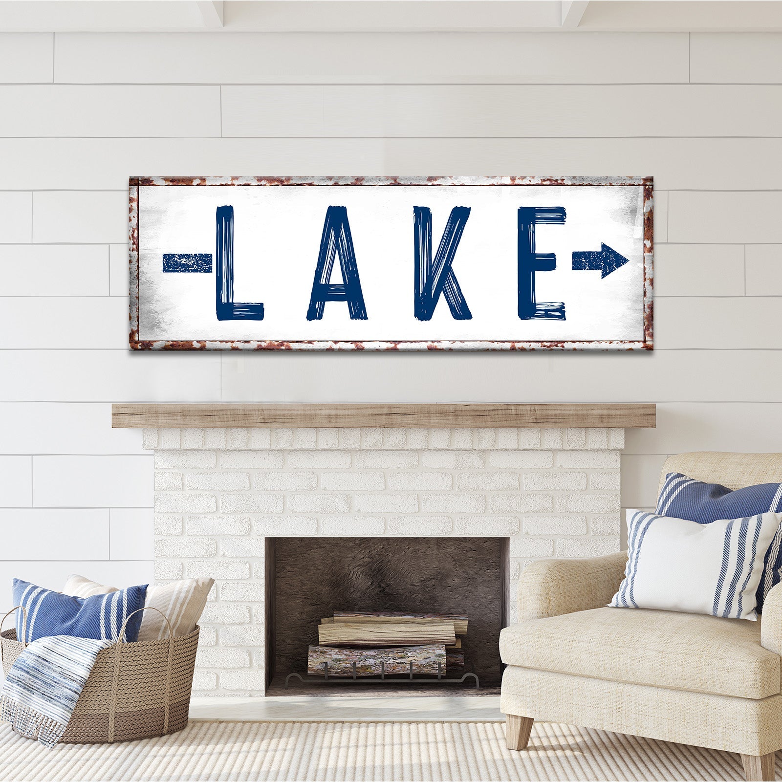 Rustic Lake Arrow Sign canvas wall art with blue LAKE lettering and rust frame on white shiplap on Tampa Home & Garden Store