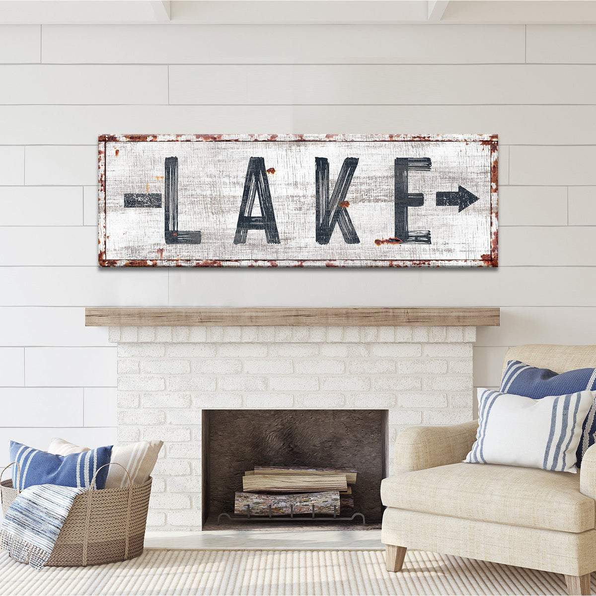Rustic Lake Arrow Sign canvas by Tailored Canvases, distressed white with rusted border on Tampa Home & Garden Store