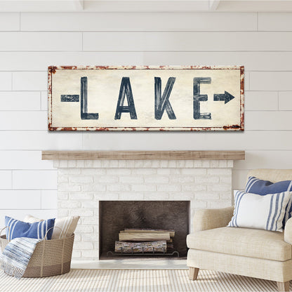 Rustic Lake Arrow Sign canvas by Tailored Canvases; navy letters on cream with a rust frame on Tampa Home & Garden Store