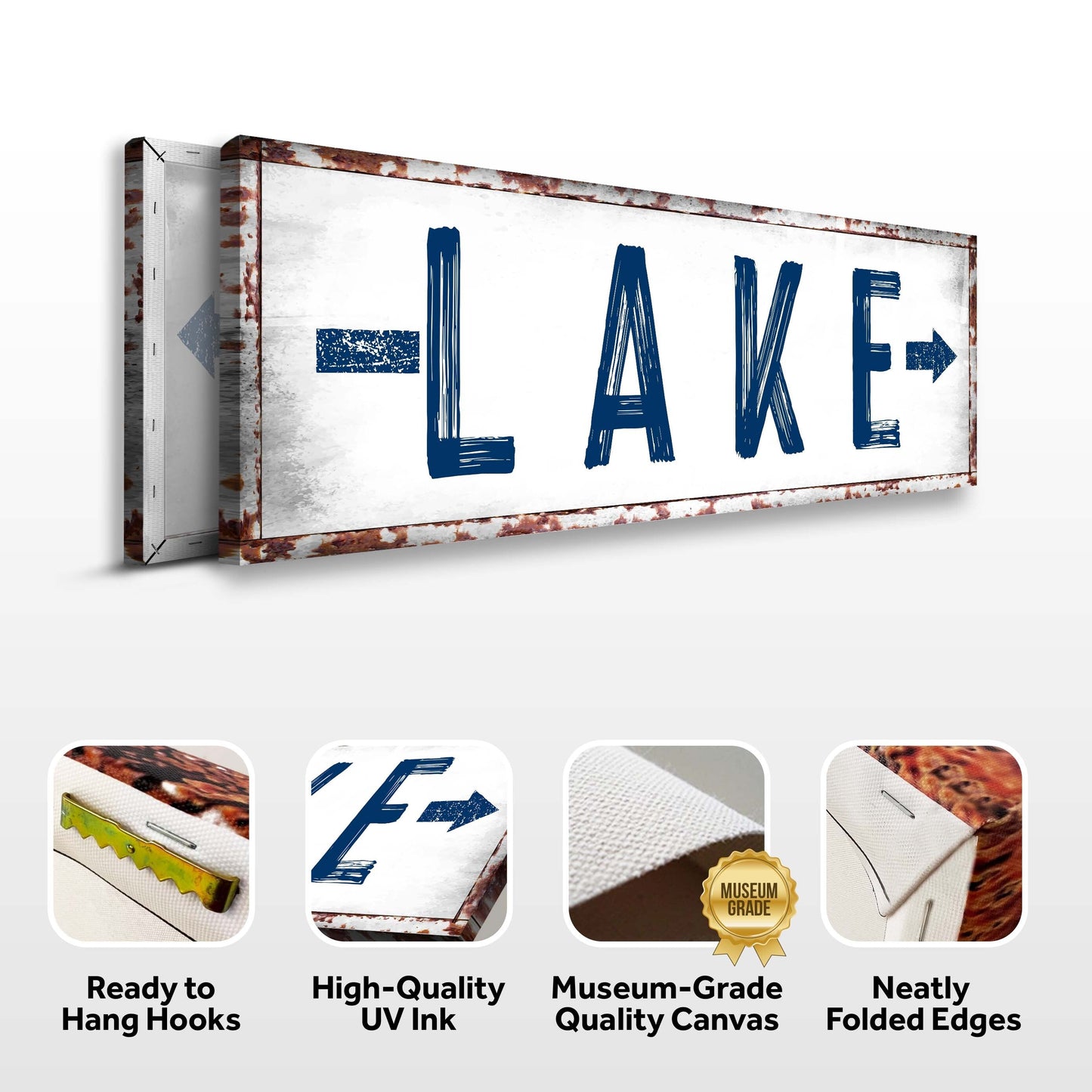 Rustic Lake Arrow Sign canvas with distressed white surface and rusted frame; blue LAKE letters on Tampa Home & Garden Store