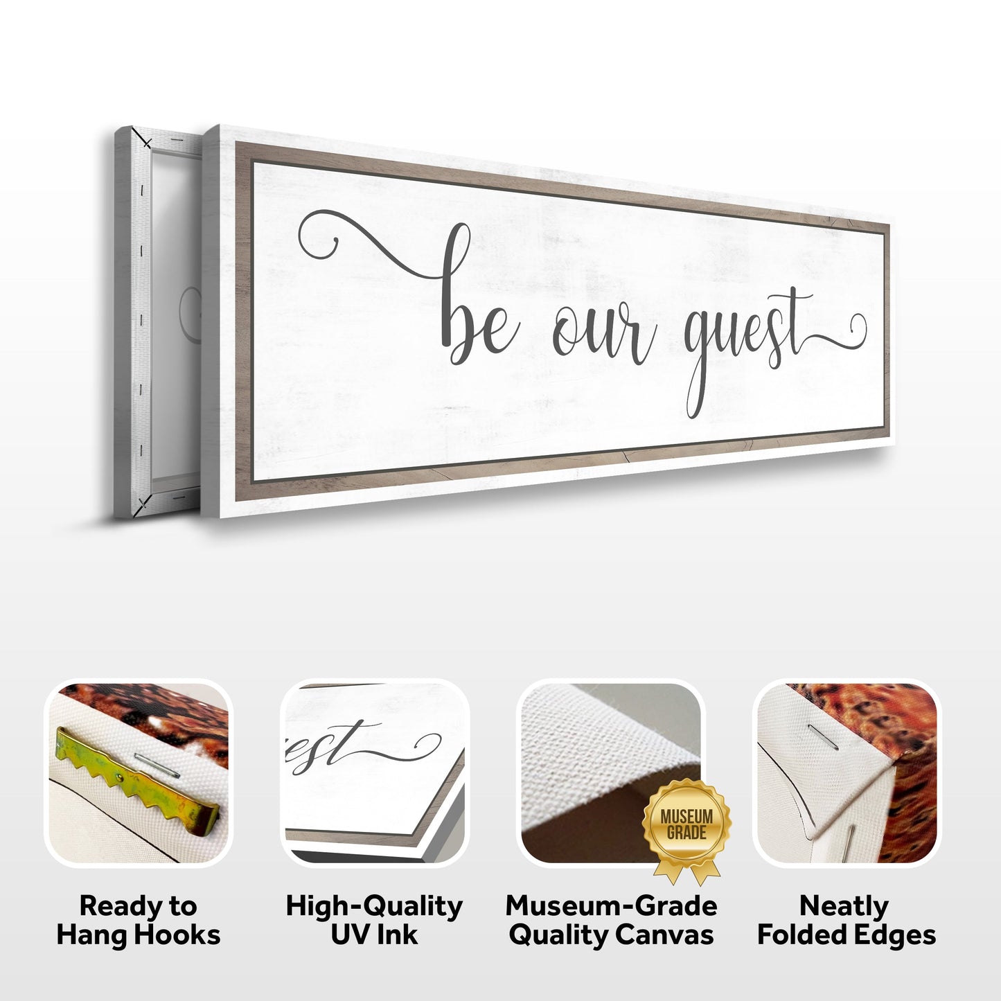 Be Our Guest Sign canvas by Tailored Canvases, white distressed canvas with black cursive text on Tampa Home & Garden Store