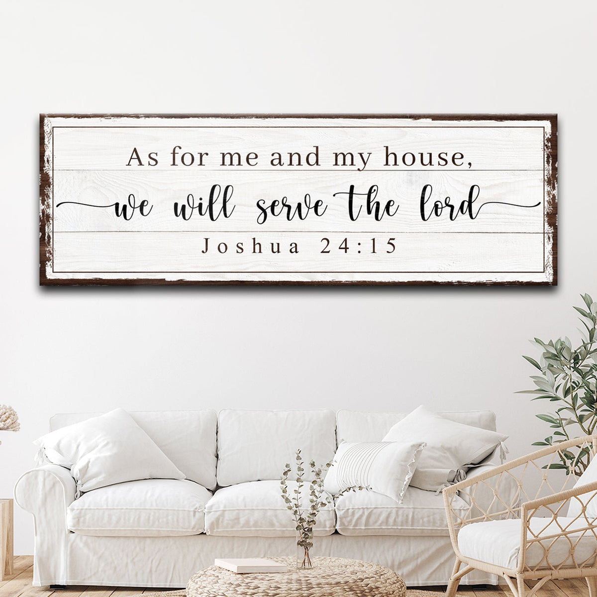 Tailored Canvases canvas sign with whitewashed wood and brown frame, Joshua 24:15 on Tampa Home & Garden Store