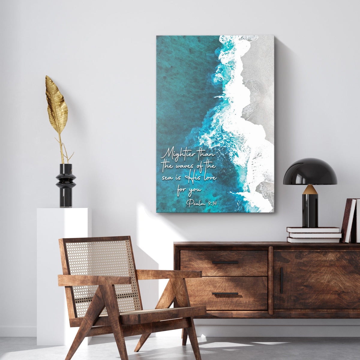 Psalm 93:4 Mightier Than The Waves canvas art teal and white ocean design on Tampa Home & Garden Store