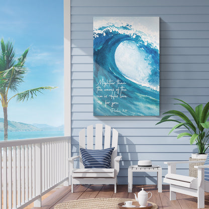 Canvas sign Psalm 93:4 Mightier Than The Waves by Tailored Canvases, blue ocean canvas art on Tampa Home & Garden Store
