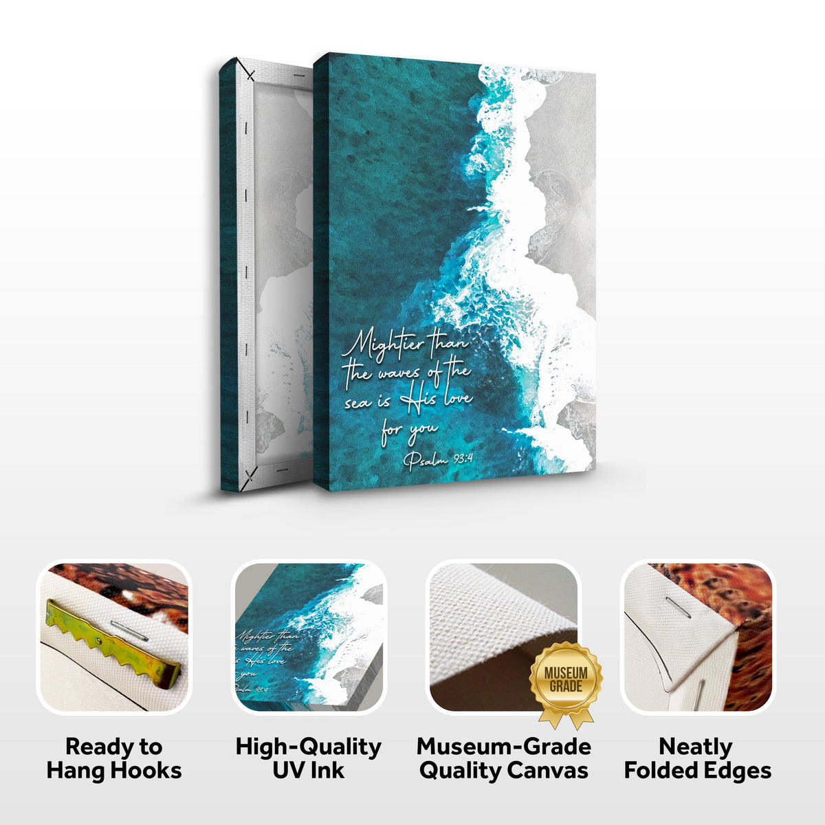 Canvas sign Psalm 93:4 Mightier Than The Waves on teal ocean background Tailored Canvases on Tampa Home & Garden Store