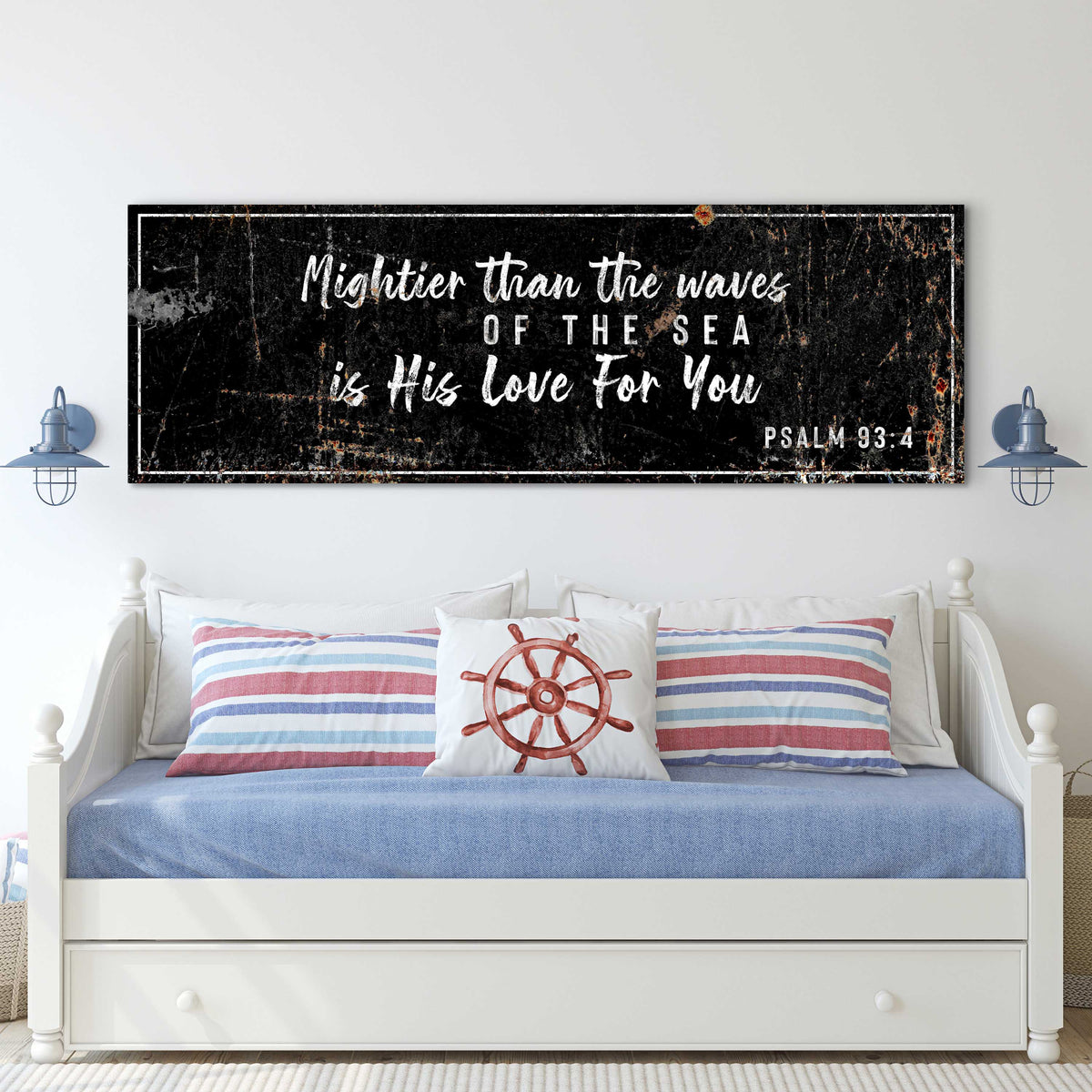 Tailored Canvases black canvas sign with white script Psalm 93:4 Mightier than the waves on Tampa Home & Garden Store