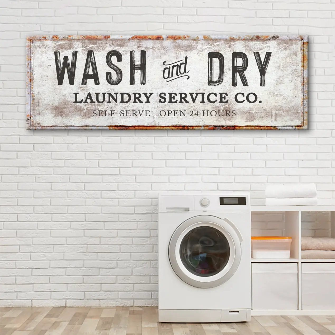 Wash And Dry Laundry Service Co canvas sign with distressed vintage look by Tailored Canvases on Tampa Home & Garden Store