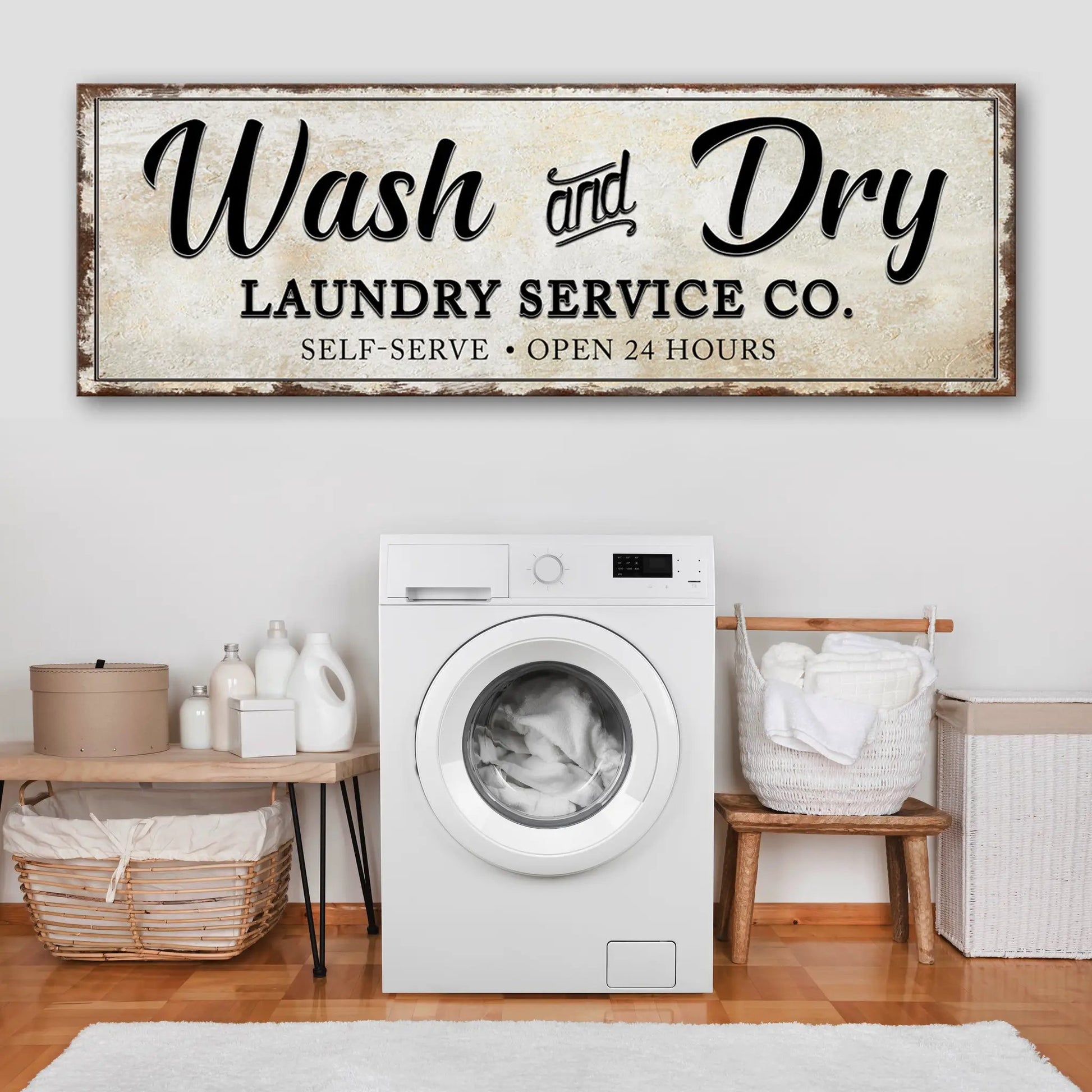 Canvas sign Wash And Dry Laundry Service Co with beige background and black lettering on Tampa Home & Garden Store