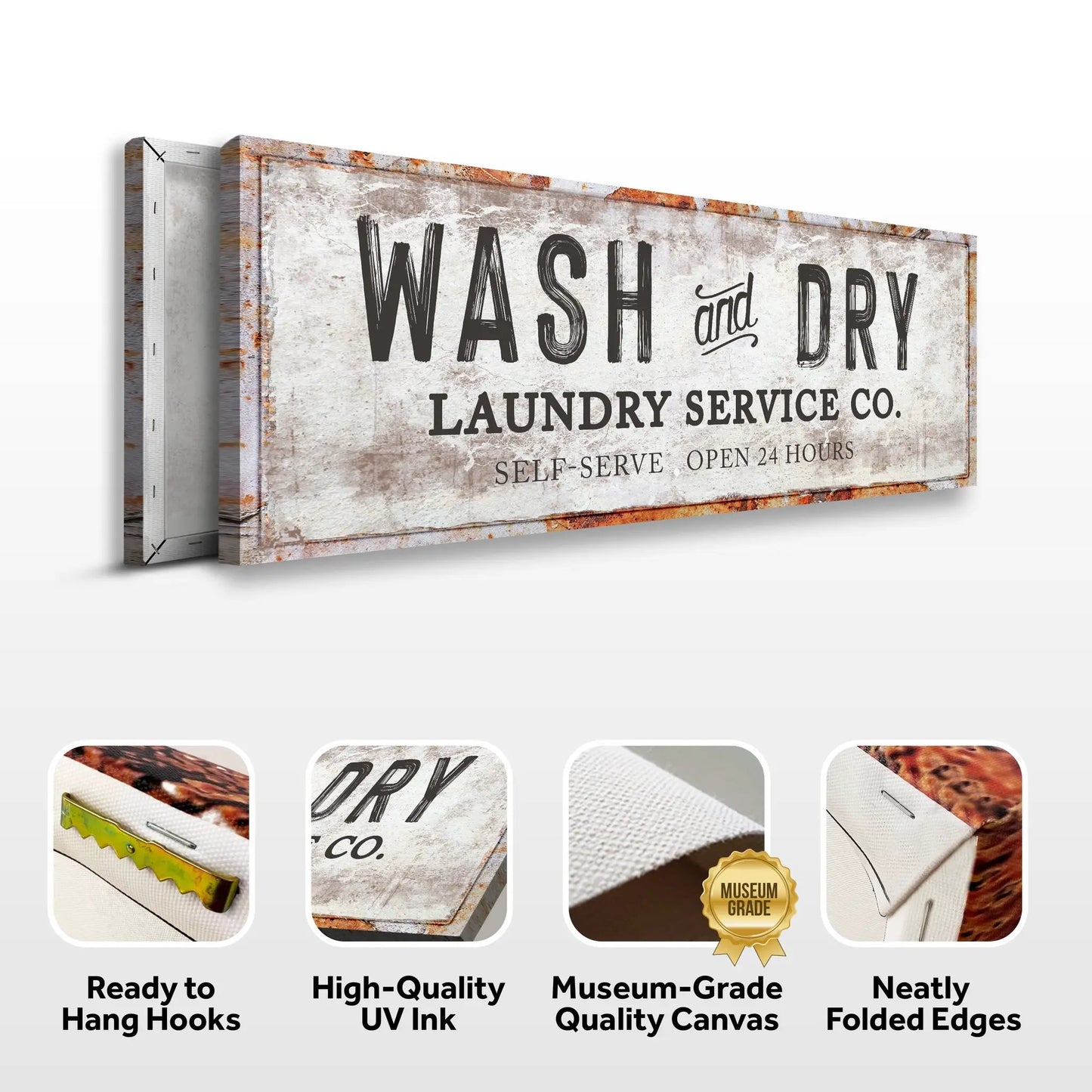 Canvas sign with vintage rust frame reading Wash and Dry Laundry Service Co by Tailored Canvases on Tampa Home & Garden Store