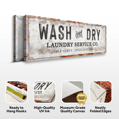 Canvas sign with vintage rust frame reading Wash and Dry Laundry Service Co by Tailored Canvases on Tampa Home & Garden Store
